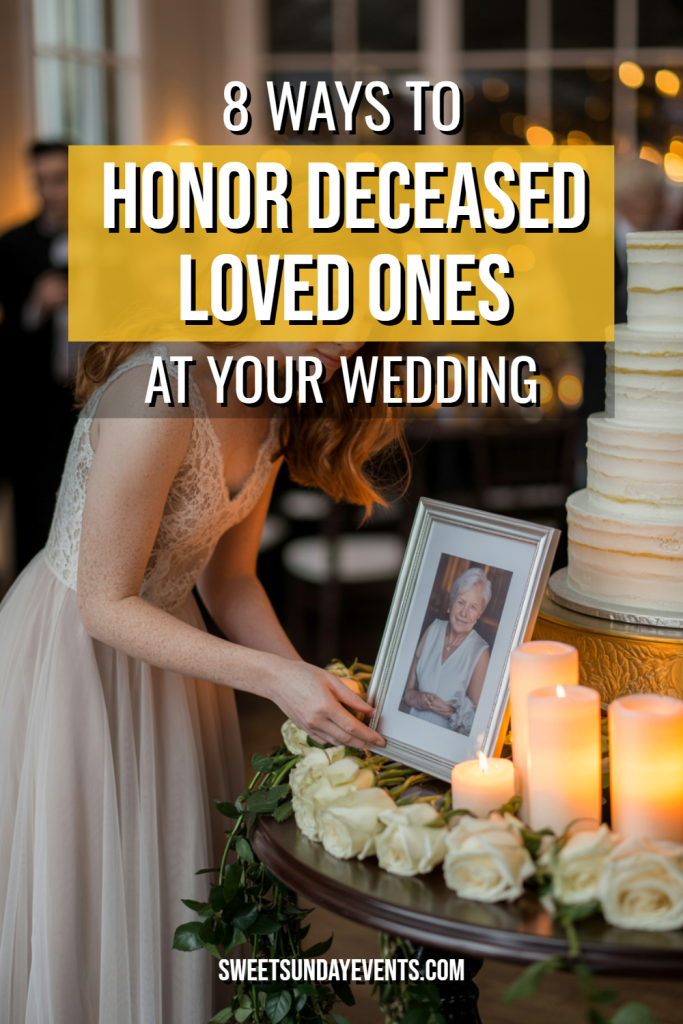 Elegant wedding reception honoring loved ones with a heartfelt tribute table and beautiful cake.