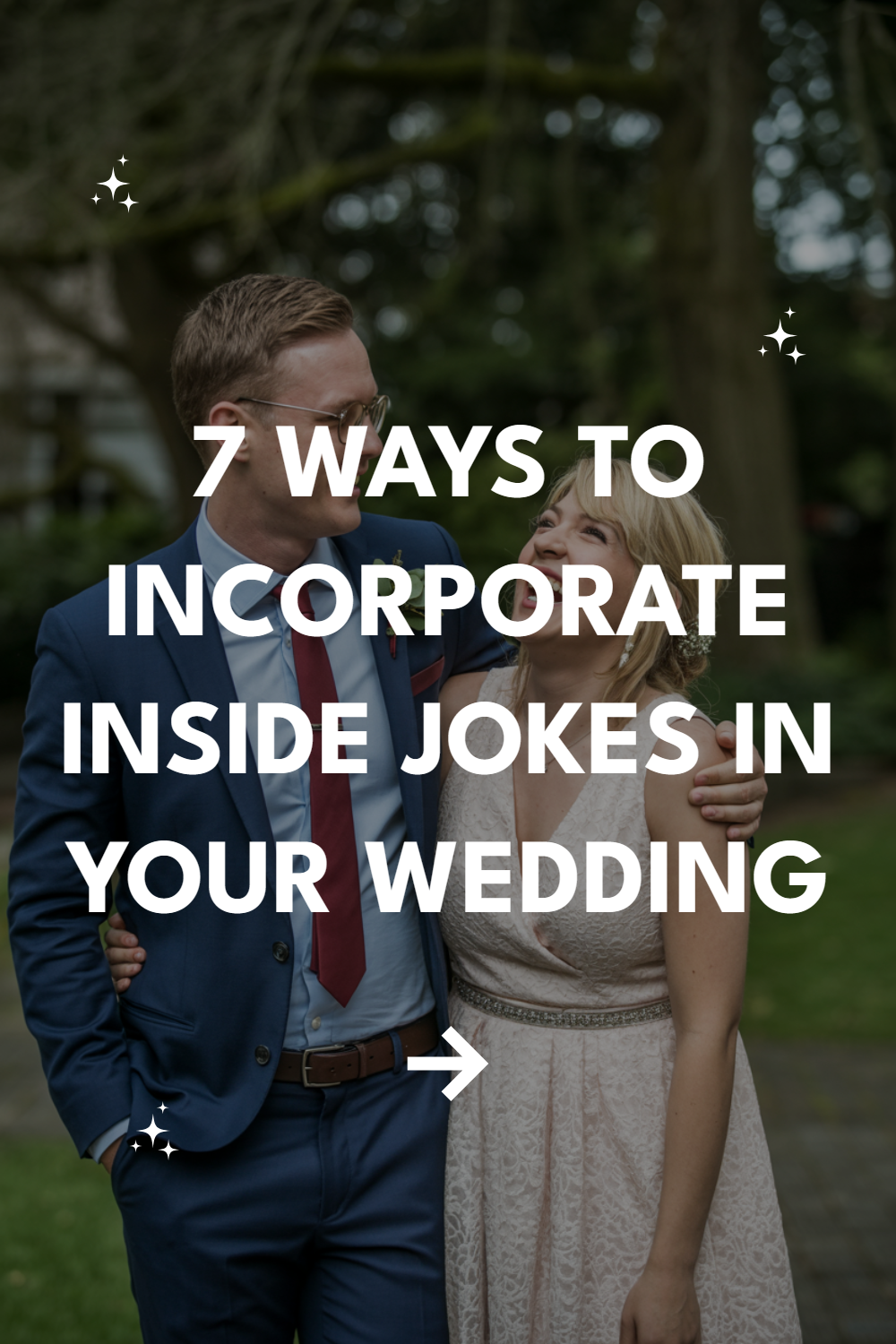Couple laughing in a garden wedding; tips for using inside jokes in celebrations.