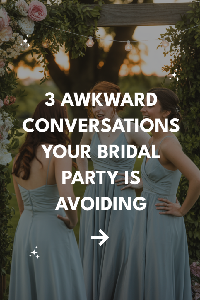 Bridal party enjoys a moment before a wedding, discussing awkward conversations in a romantic setting.
