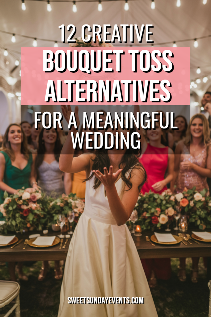 Bride joyfully tosses bouquet during wedding celebration, surrounded by excited guests in colorful attire.