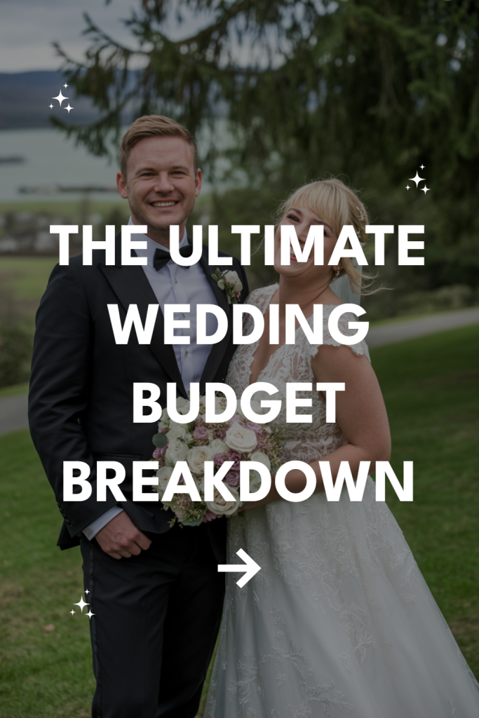 Joyful newlyweds in elegant attire, celebrating love in a scenic outdoor wedding setting.