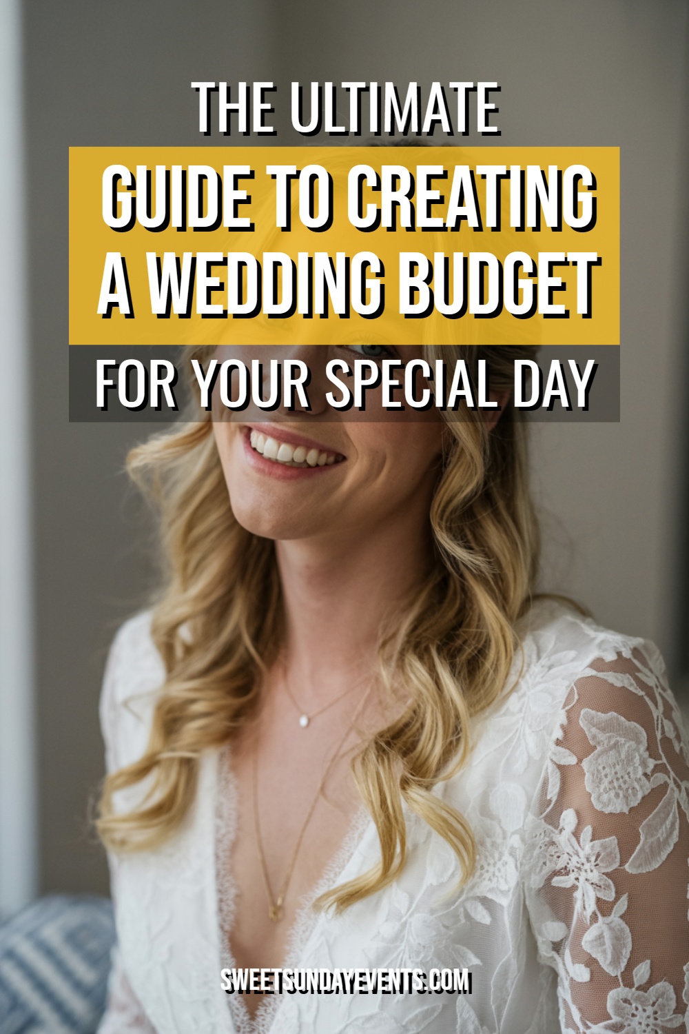 Bride smiling in elegant lace dress, exploring wedding budget tips for her special day.