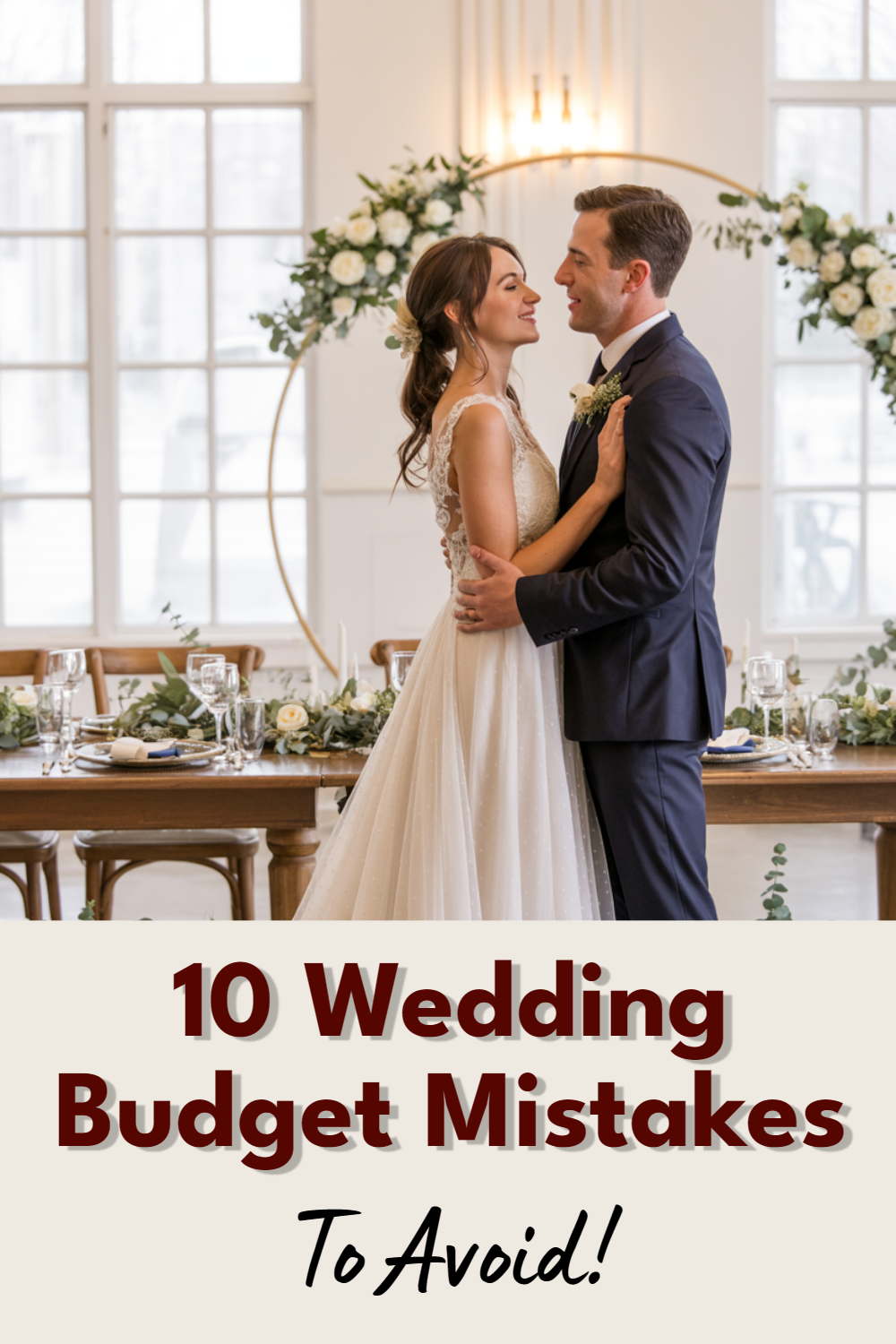 Couple in wedding attire sharing a romantic moment with floral decorations and budget tips overlay.