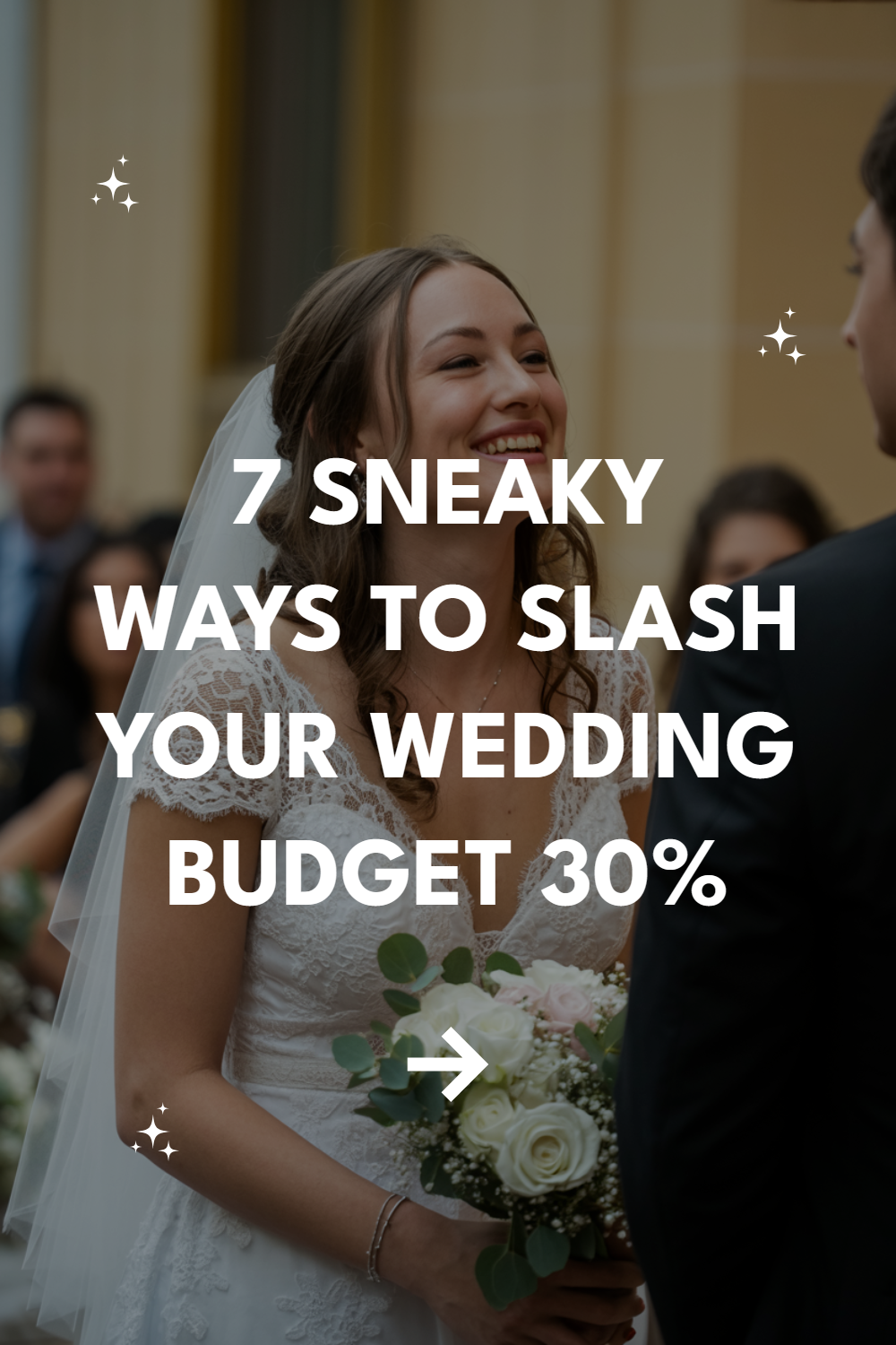 Bride at wedding ceremony with bouquet; discover budget-saving tips for dream weddings.