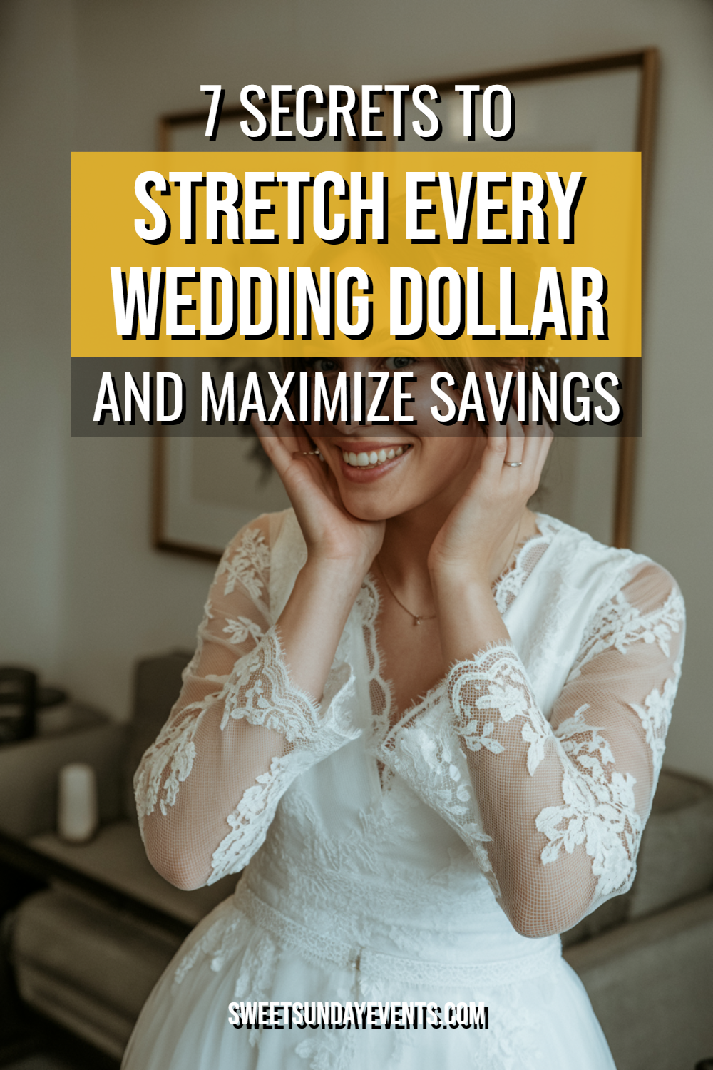 Elegant bride in lace wedding dress shares tips for budgeting and saving on weddings.