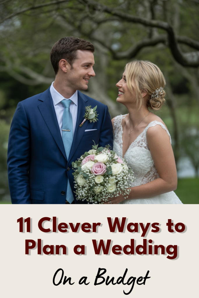 Joyful couple in wedding attire with budget planning tips for a beautiful celebration.