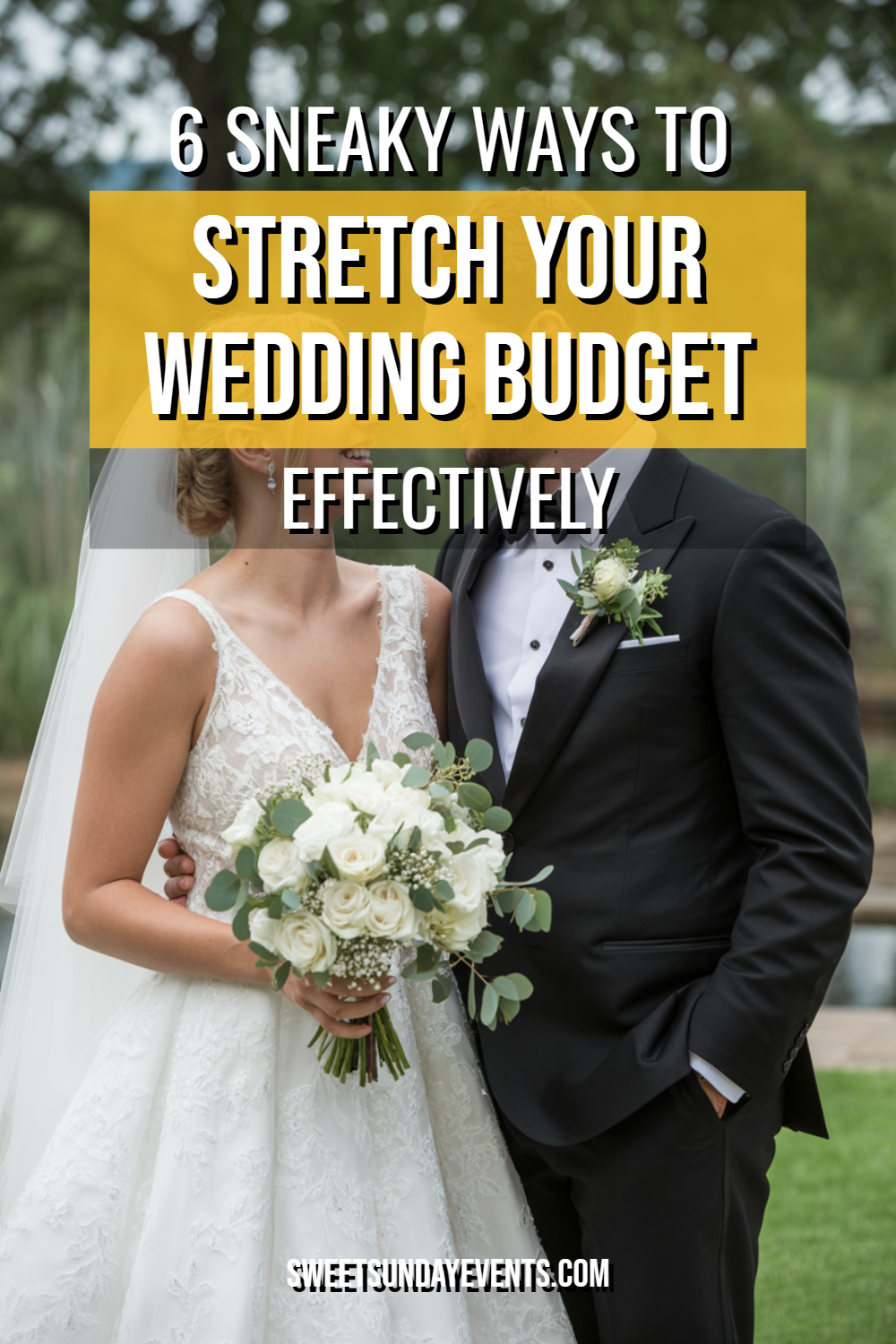 Bride and groom in elegant outdoor wedding, offering budget tips for celebrating love.