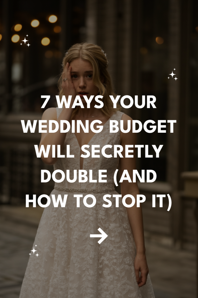 Somber bride in wedding gown reflects on budget challenges in a dreamy urban setting.