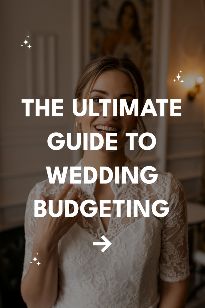 Cheerful bride in elegant lace dress smiles, highlighting wedding budgeting guide and celebration joy.