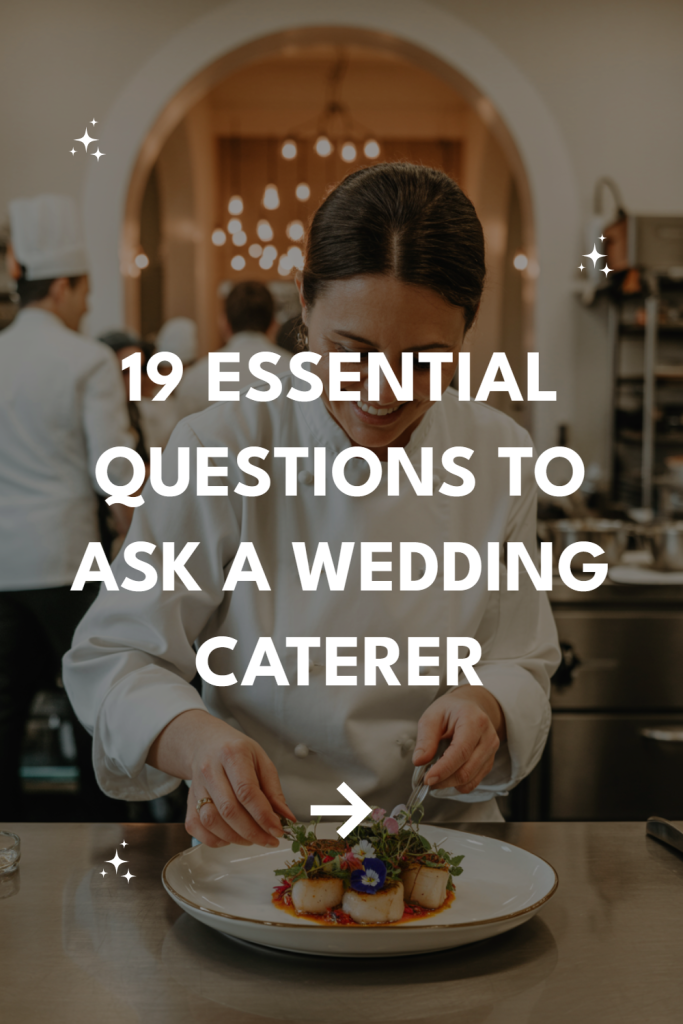 Female chef plating scallops in a busy wedding catering kitchen, essential questions for couples.