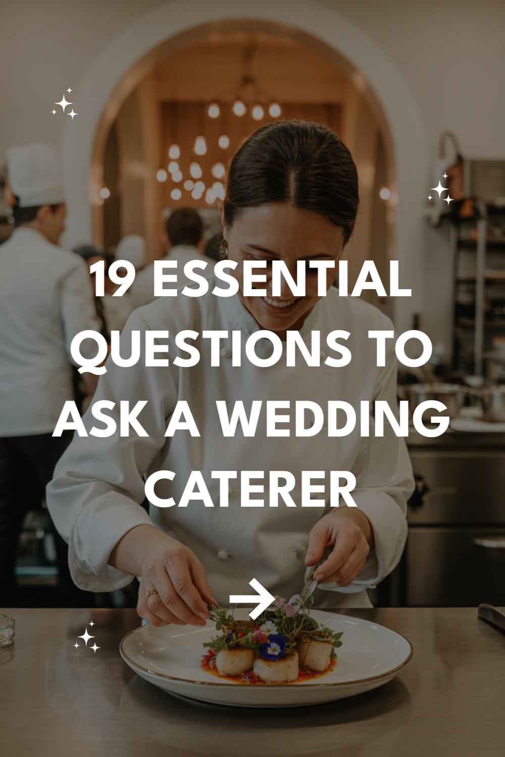 Female chef plating scallops in a busy wedding catering kitchen, essential questions for couples.