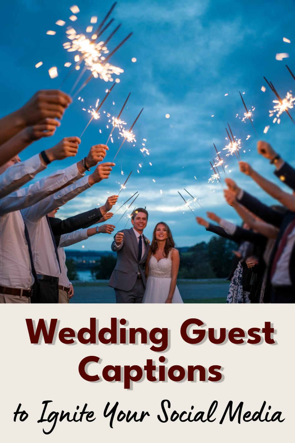 Joyful newlyweds surrounded by sparklers create a magical wedding celebration at dusk.