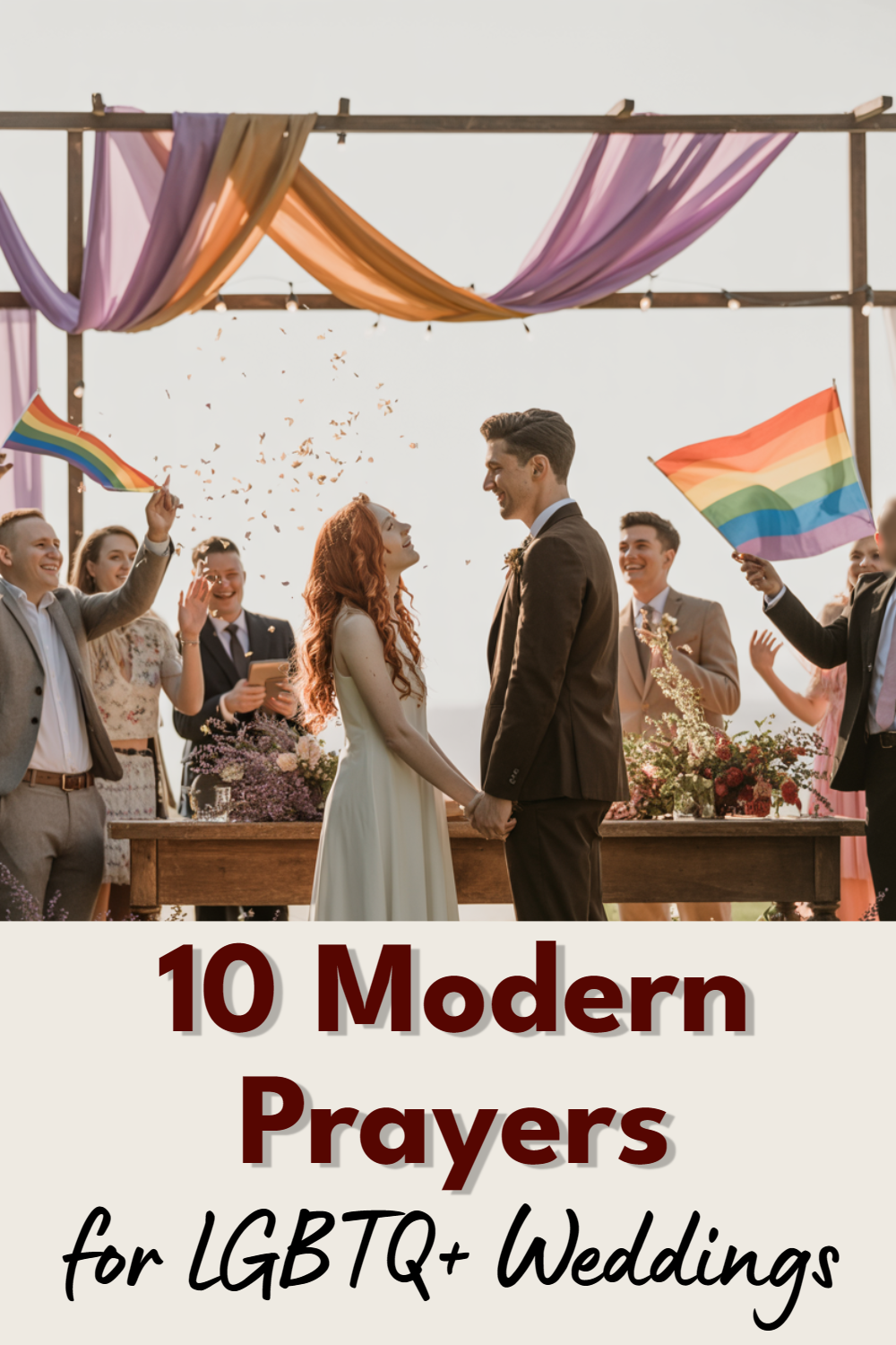 Joyful LGBTQ+ wedding celebration with couple, flowers, and rainbow flags in a festive outdoor setting.