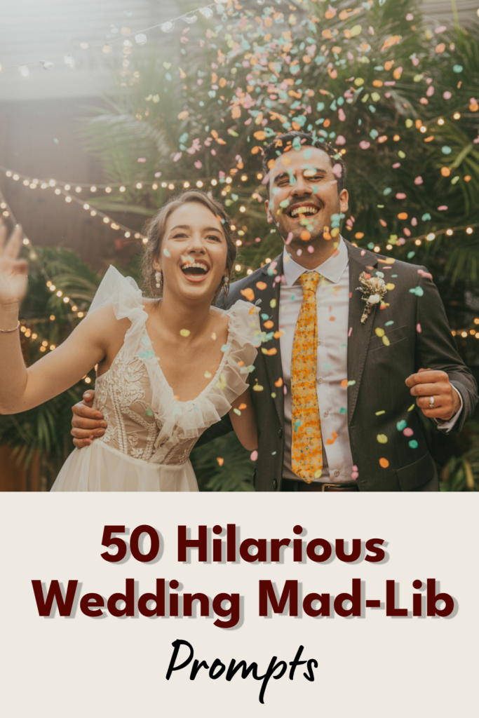 Joyful wedding moment with bride and groom celebrating amid colorful confetti and lush greenery.