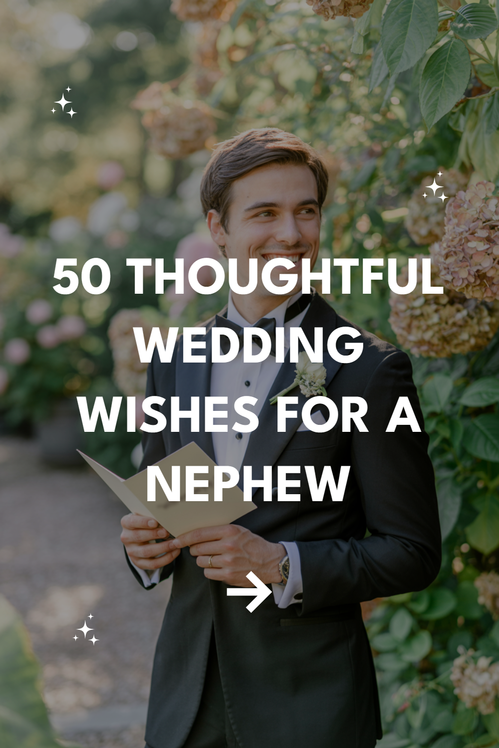 Young man in tuxedo reading heartfelt wedding wishes for his nephew in a beautiful garden.