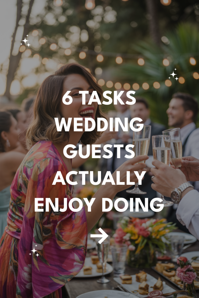 Joyful wedding guests celebrate with drinks under fairy lights in a vibrant outdoor setting.