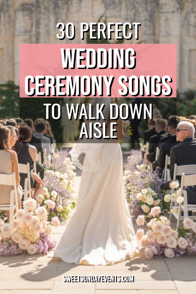 Bride walking down the aisle at a romantic outdoor wedding ceremony surrounded by floral arrangements.