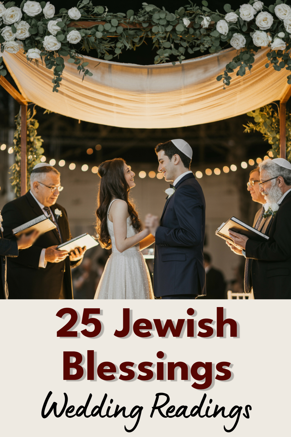 Romantic outdoor wedding ceremony under a chuppah adorned with greenery and roses.