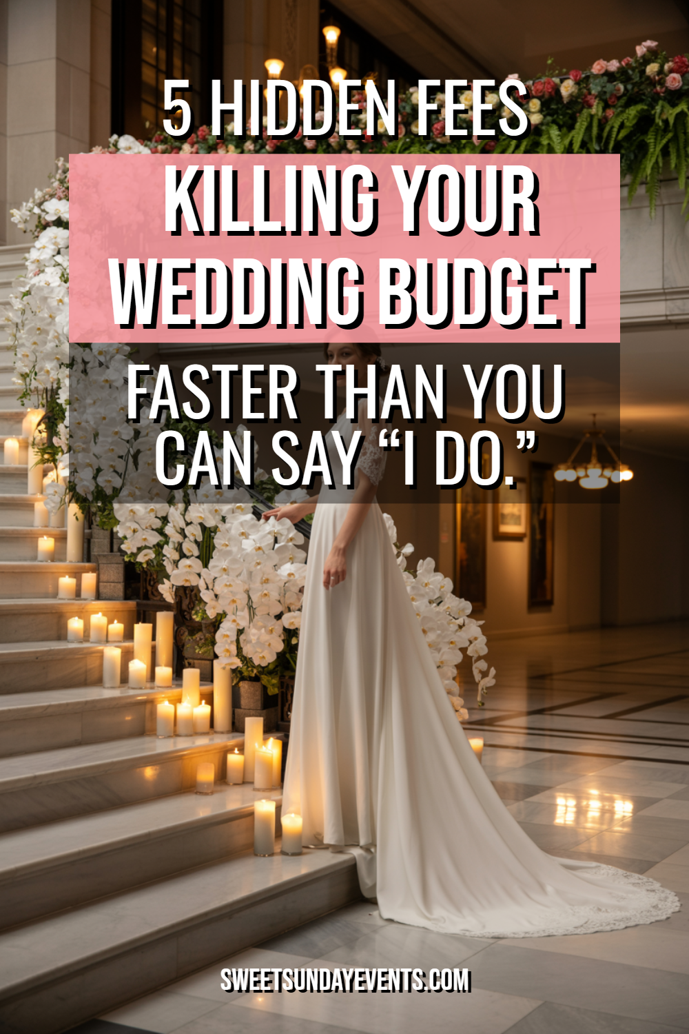 Stunning wedding scene with bride, elegant gown, floral staircase, and budget advice overlay.
