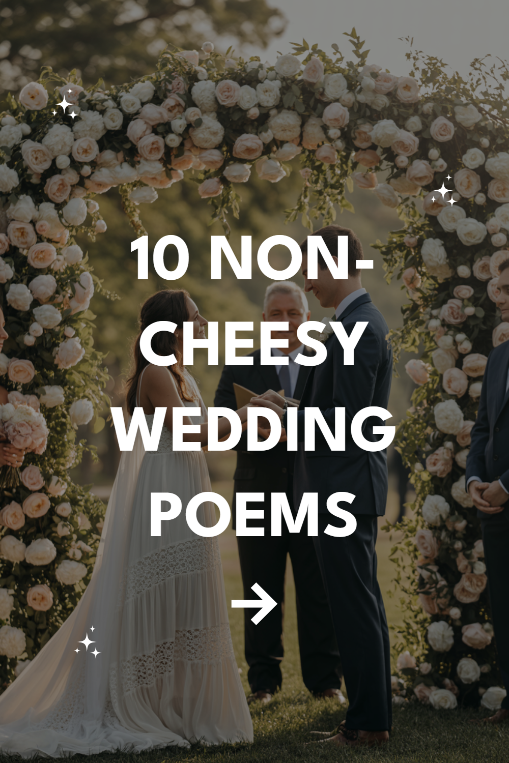 Elegant outdoor wedding under a floral arch, featuring a bride and groom exchanging vows.