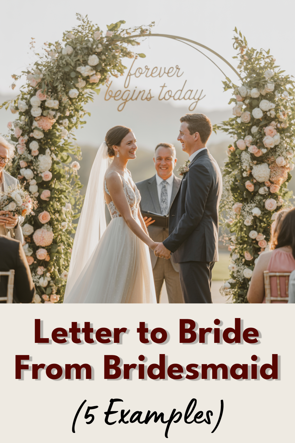Romantic outdoor wedding ceremony showcasing a bride and groom surrounded by flowers and guests.