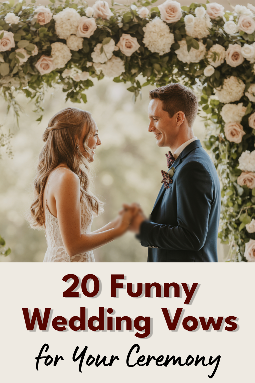 Romantic wedding ceremony with couple exchanging vows under a beautiful floral arch.