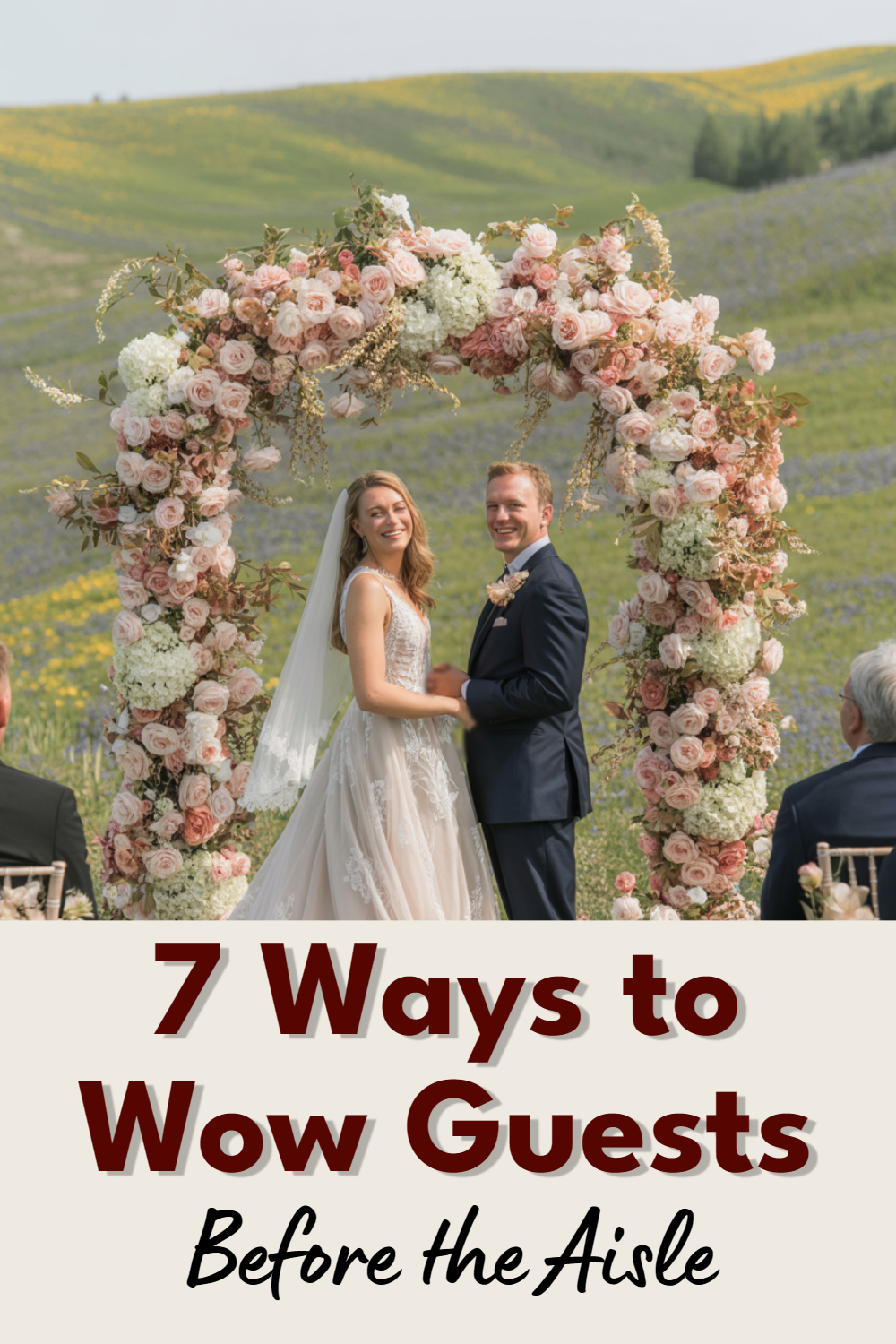 Beautiful outdoor wedding ceremony with a couple, floral arch, and joyful guests in nature.