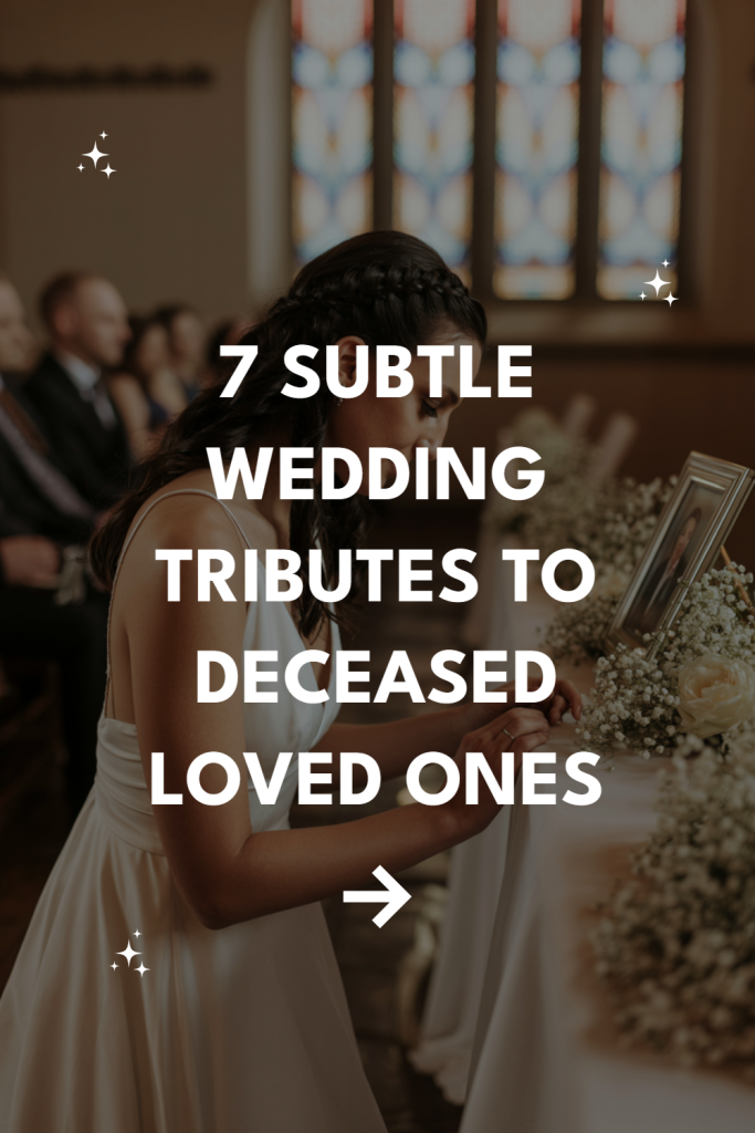 Bride honors deceased loved ones at a wedding ceremony with a touching tribute display.