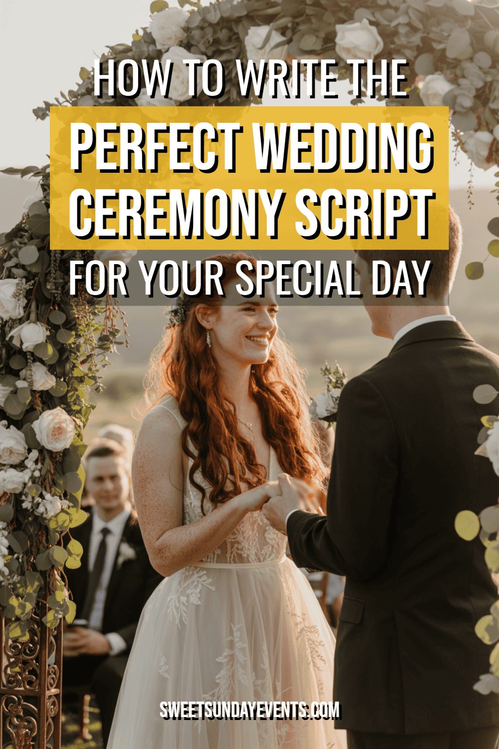 Beautiful outdoor wedding ceremony with bride and groom under floral arch, capturing love and joy.