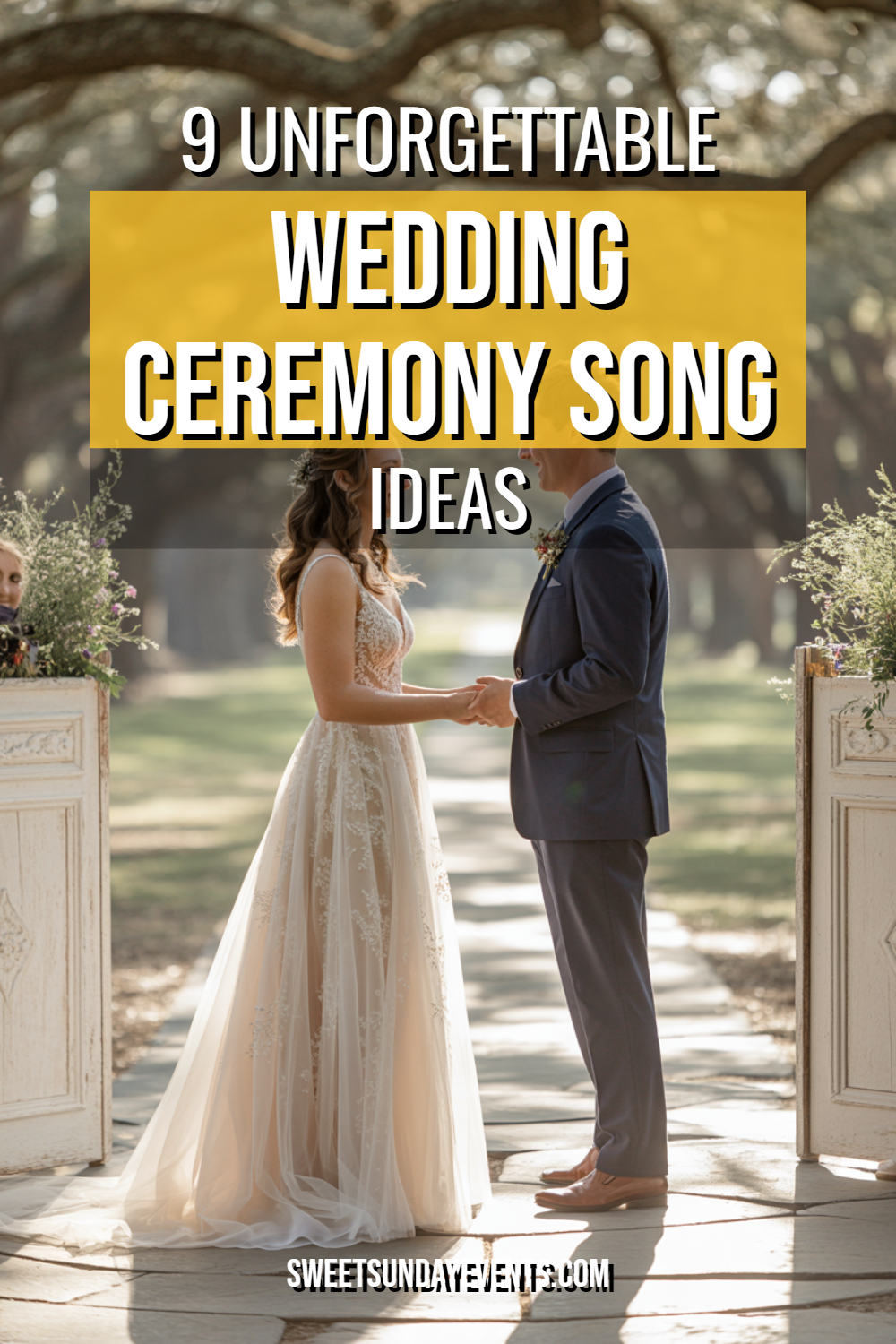 Couple in elegant wedding attire before ornate doors, surrounded by nature and love.