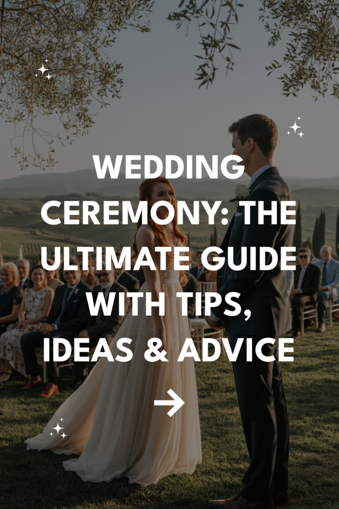 Beautiful outdoor wedding ceremony with elegant couple, guests, and scenic vineyard backdrop.