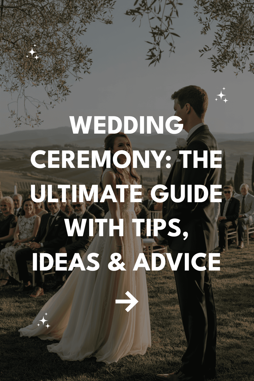 Beautiful outdoor wedding ceremony with elegant couple, guests, and scenic vineyard backdrop.