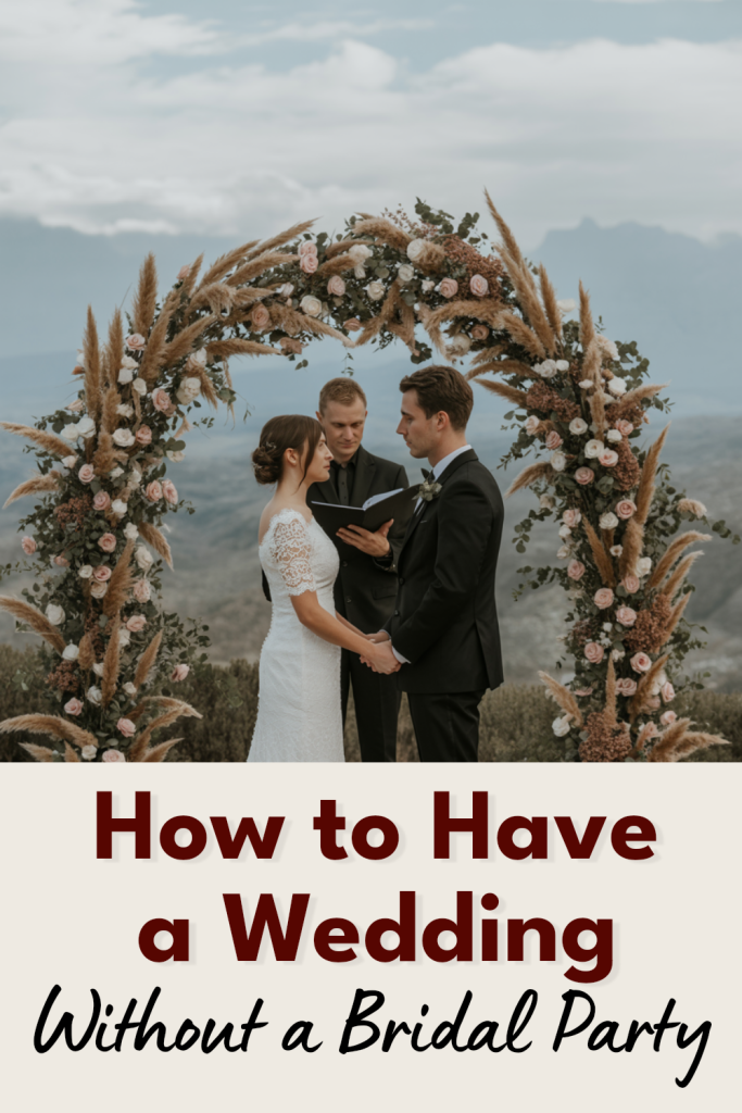 Beautiful outdoor wedding ceremony with couple, floral arch, and no bridal party.