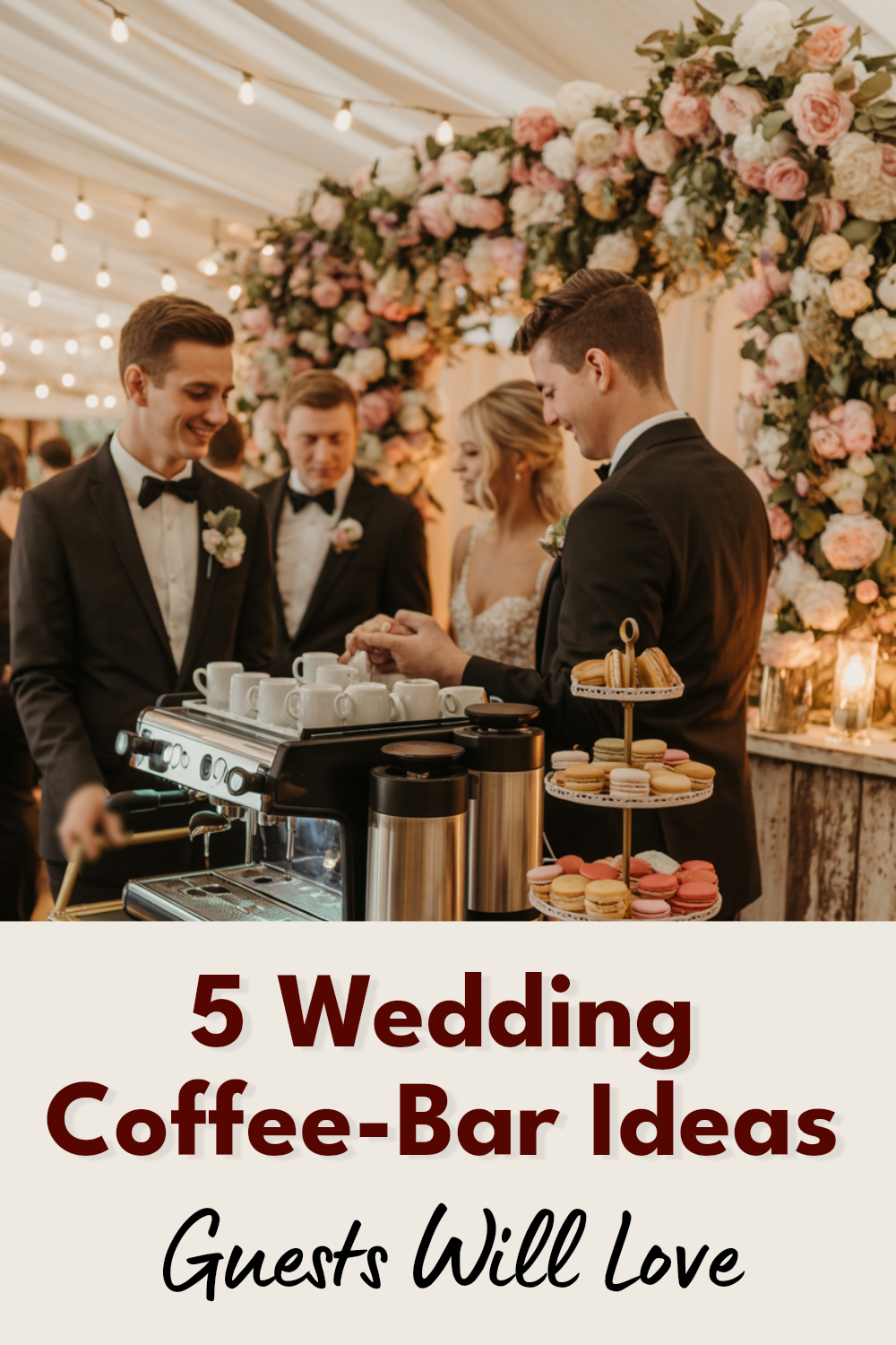 Elegant wedding coffee bar with pastries, espresso machine, and vibrant floral decorations.