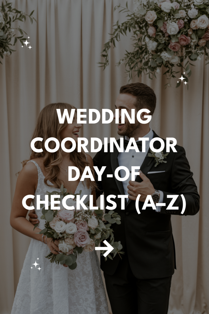 Wedding couple with floral backdrop; essential wedding coordinator checklist for planning success.