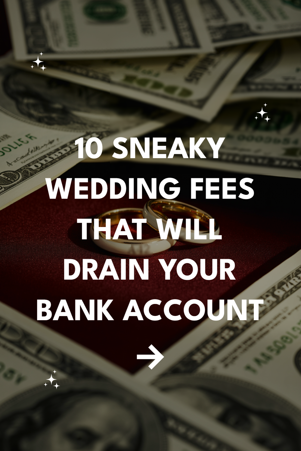 Wedding rings on cash illustrate hidden wedding fees draining your budget.