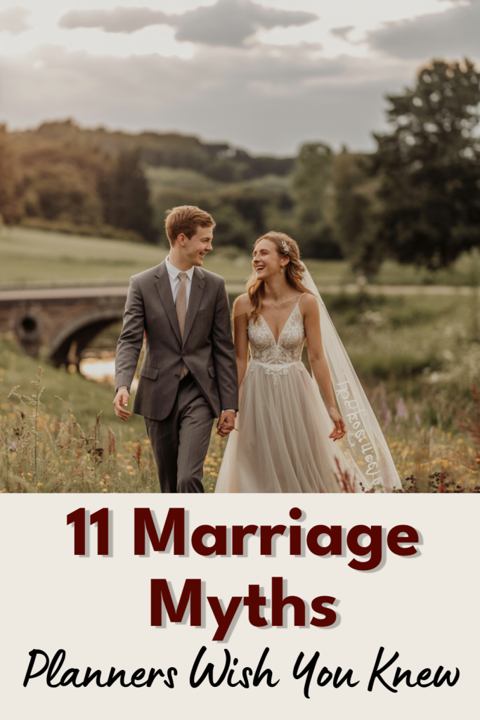 Joyful wedding couple in elegant attire celebrating love in picturesque countryside.