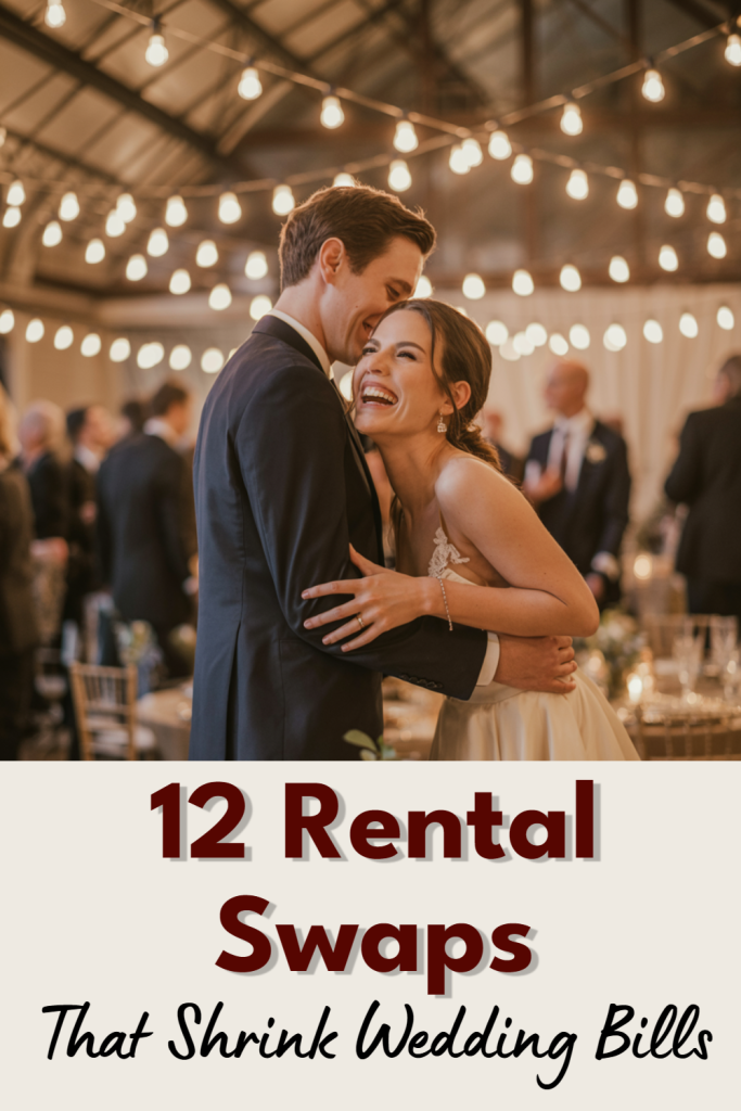Joyful wedding couple embracing at reception under warm lights, celebrating love and connection.
