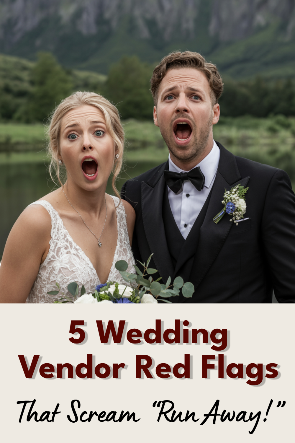 Surprised bride and groom amidst a lush landscape, highlighting wedding planning red flags.