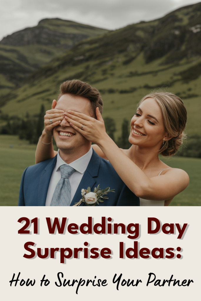 Joyful bride and groom surprise moment in beautiful wedding landscape, celebrating love and connection.