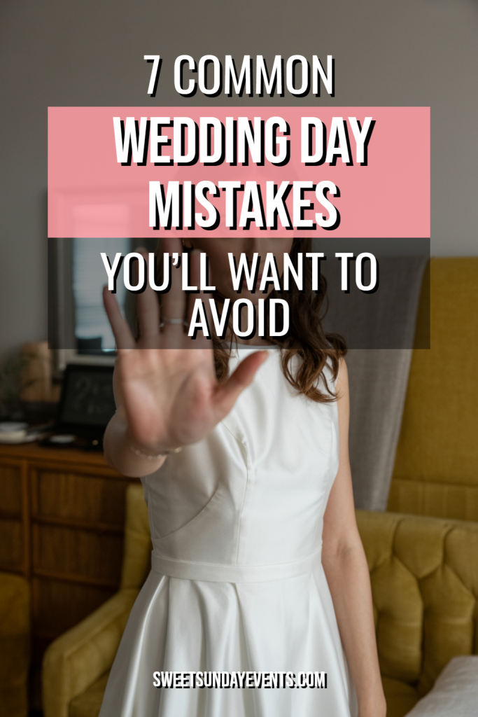 Woman in a white dress highlights wedding day mistakes to avoid for a perfect celebration.
