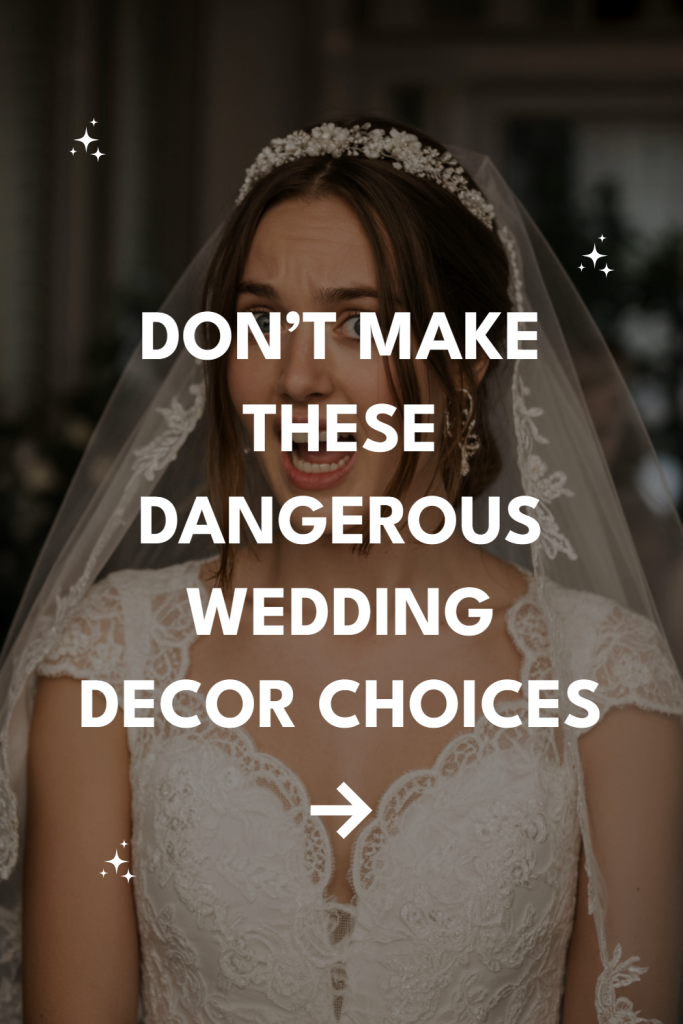 Bridal portrait highlighting wedding decor mistakes with humor and elegance.