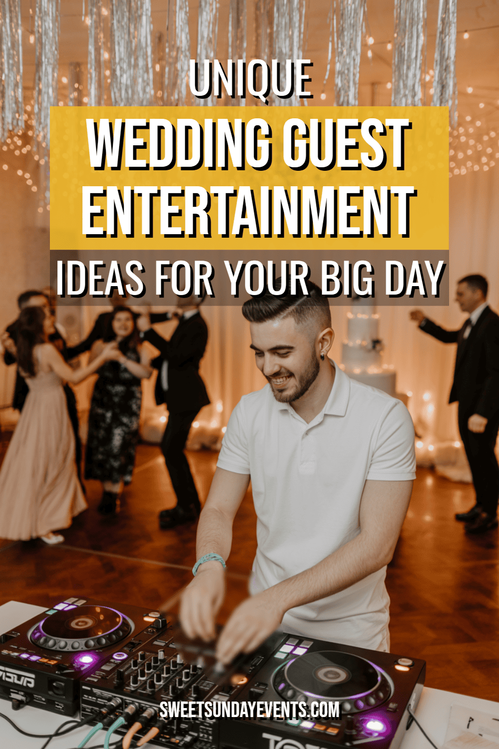 DJ mixing tracks at a lively wedding reception, creating a festive and joyful atmosphere.