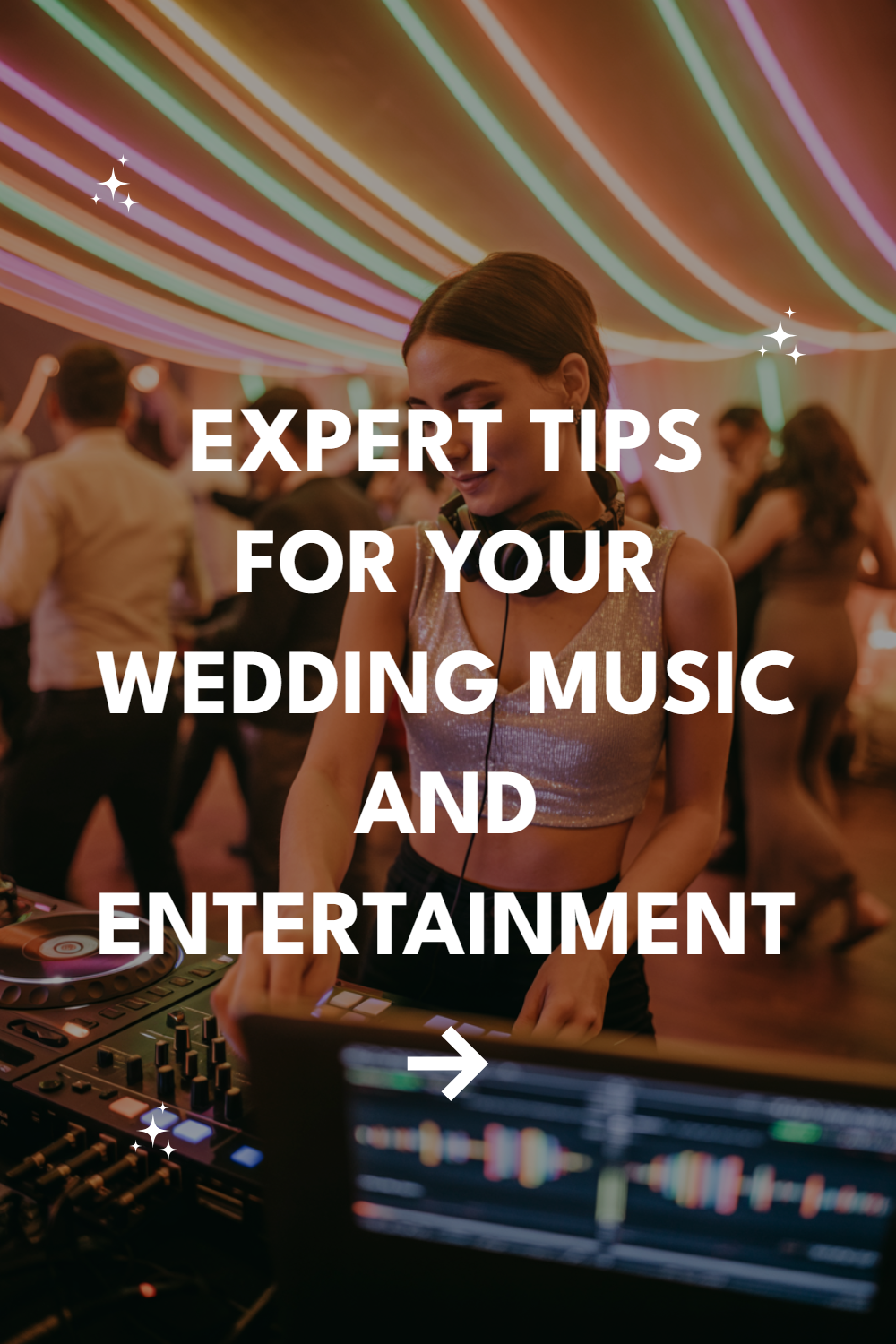 Female DJ creating wedding magic with vibrant lights and joyful guests celebrating.