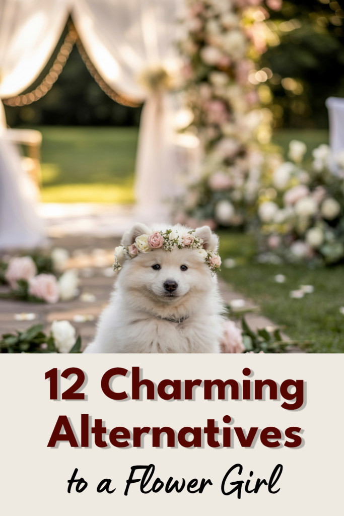 Fluffy Samoyed dog in floral crown at charming outdoor wedding ceremony setup.
