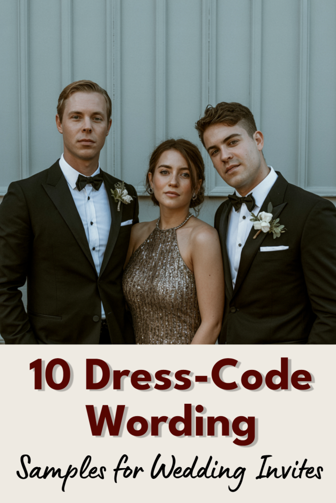 Elegant wedding attire guide with stylish men in tuxedos and a glamorous woman in a dress.