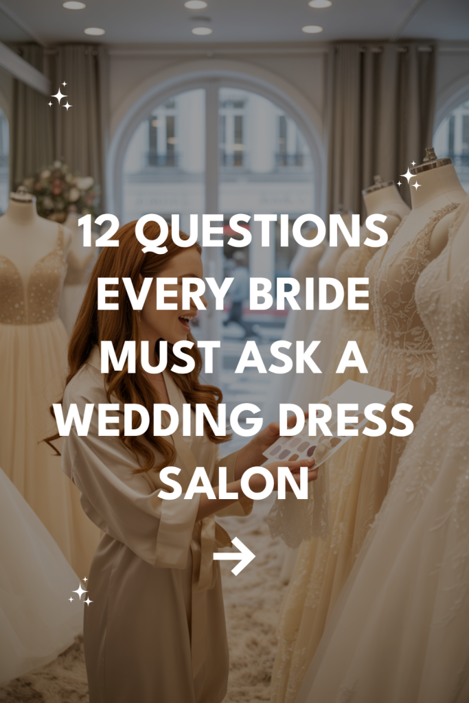 Bride exploring wedding dress options in an elegant salon with detailed gowns and helpful guide.