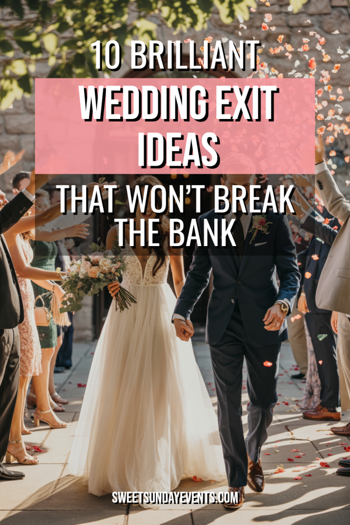 Joyful wedding exit with bride, groom, and guests celebrating with confetti.