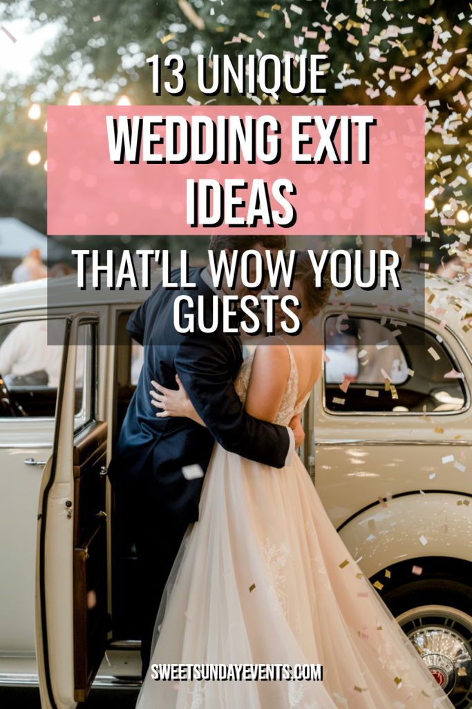 Joyful wedding exit with colorful confetti, elegant couple, and romantic outdoor setting.