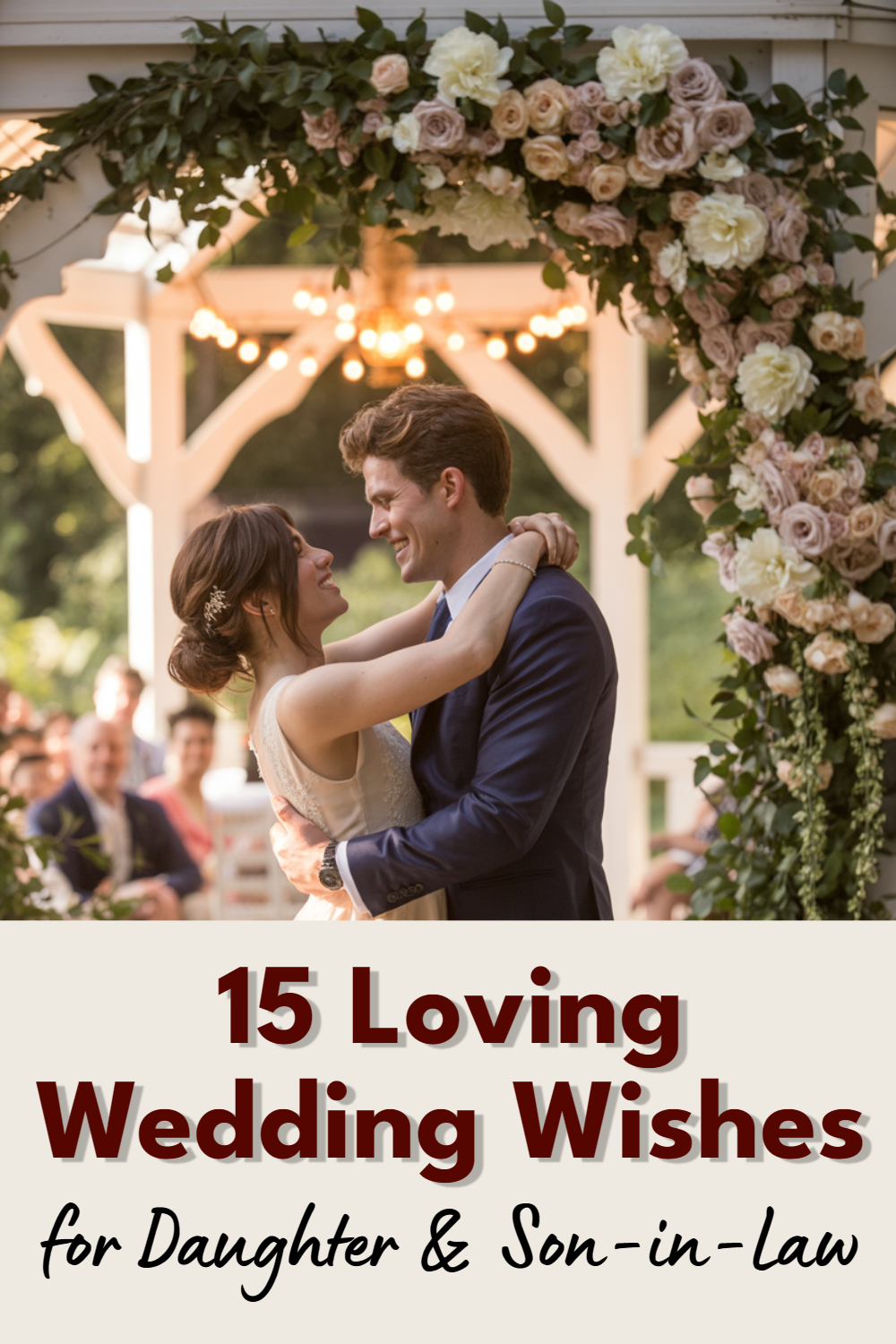 Couple dances under a floral arch at a beautiful outdoor wedding ceremony.
